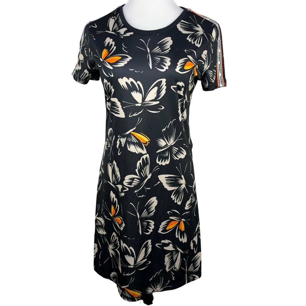 Adidas x FARM Rio Butterfly Print T-Shirt Dress Black Orange Small